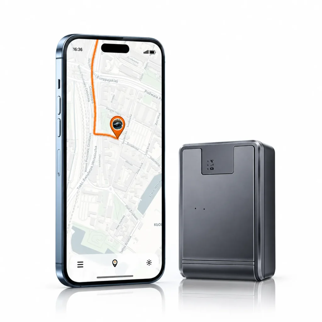 Magnetyczny lokalizator GPS 4G StealthTrack Power i trasa w aplikacji na telefonie