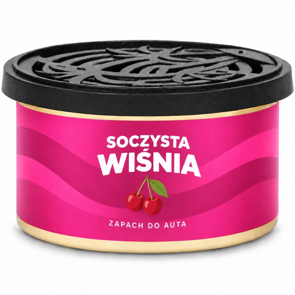Puszka zapachu do auta Soczysta Wiśnia z różową etykietą i ilustracją wiśni na białym tle